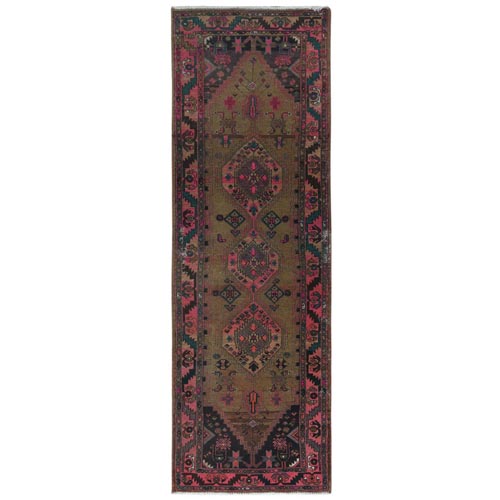 Peach Color with Touches of Hot Pink, Vintage Persian Hamadan Abrash Sheared Low, Distressed Look Worn Wool Hand Knotted, Wide Runner Oriental 