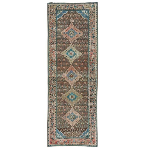 Chocolate Brown, Vintage Persian Hamadan with Bird and Animal Figurines Cropped Thin, Distressed Look Worn Wool Hand Knotted, Gallery Size Runner Oriental 