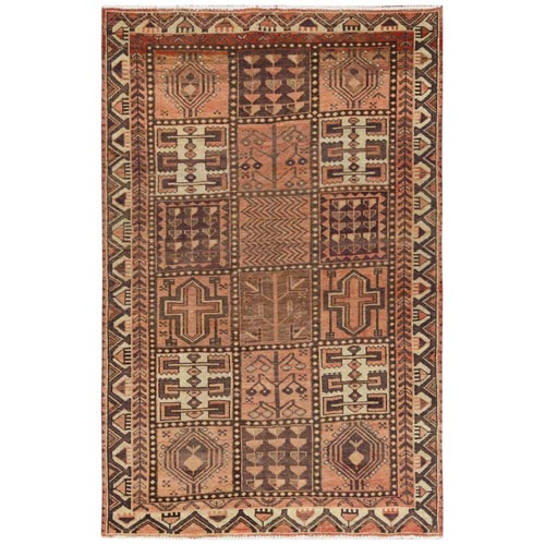 Brown, Hand Knotted Vintage Persian Bakhtiar with Garden Block Design, Sheared Low Distressed Look Worn Wool, Oriental 