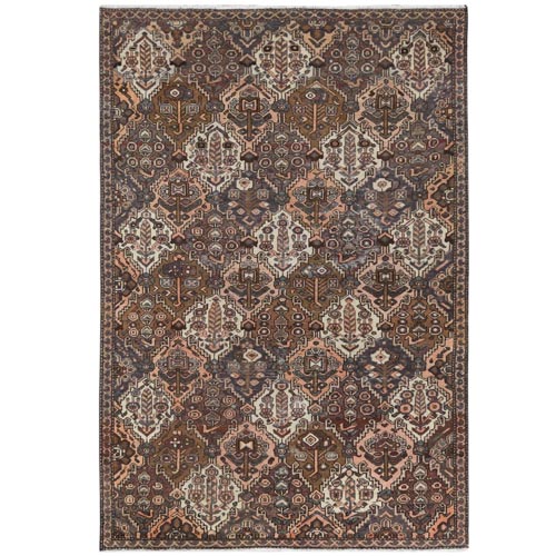 Chocolate Brown, Worn Wool Hand Knotted Vintage Persian Bakhtiar with Garden Patch Design, Sheared Low Distressed Look, Oriental 