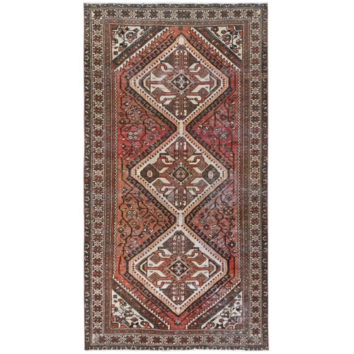 Sunset Colors, Vintage Persian Qashqai Cropped Thin, Distressed Look Worn Wool Hand Knotted, Gallery Size Runner Oriental 