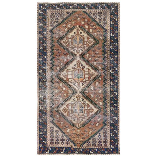 Almond Brown, Hand Knotted Vintage Persian Qashqai Cropped Thin, Distressed Look Worn Wool, Gallery Size Runner Oriental 