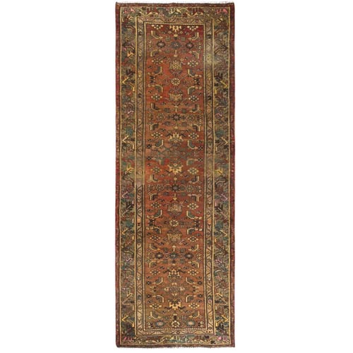 Earth Tone Colors, Vintage Persian Hamadan with All Over Fish Mahi Design Sheared Low, Distressed Look Worn Wool Hand Knotted, Wide Runner Oriental 