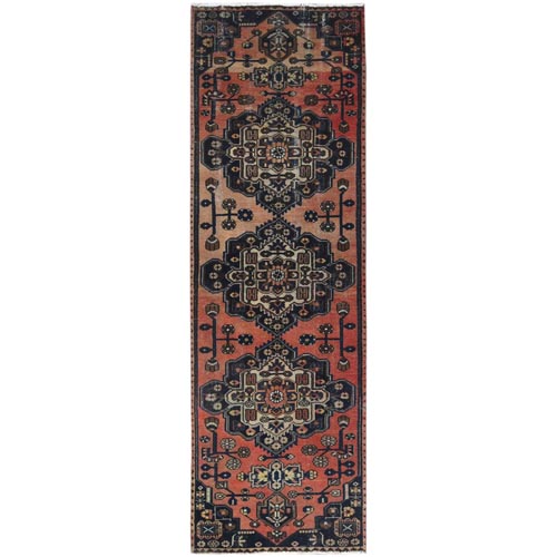 Terracotta Red Worn Wool Hand Knotted Vintage Persian Hamadan, Cropped Thin Distressed Look, Wide Runner Oriental 