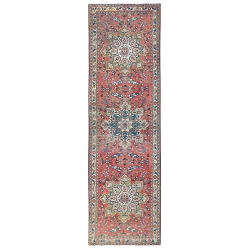 Coral Red, Worn Wool Hand Knotted Vintage Persian Tabriz with Flower Medallions, Sheared Low Distressed Look, Runner Oriental 