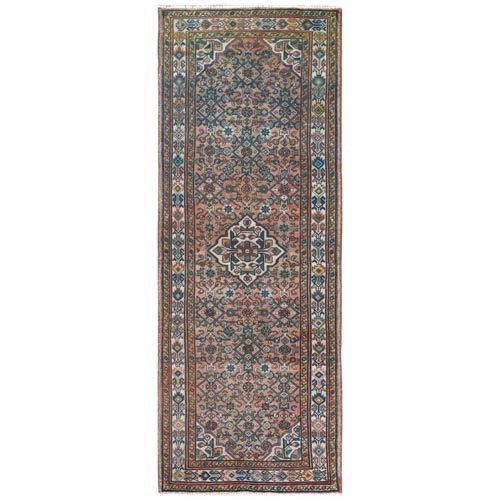 Terracotta Red, Vintage Persian Husainabad with Fish Mahi Design, Cropped Thin Distressed Look Worn Wool Hand Knotted, Runner Oriental 