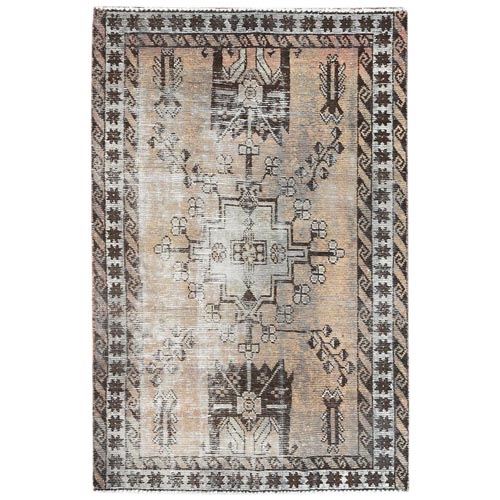 Beige, Sheared Low Distressed Look Worn Wool, Hand Knotted Vintage Persian Shiraz, Oriental 