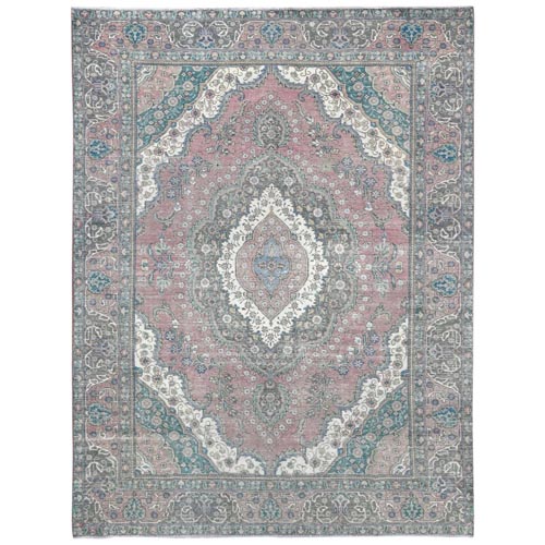 Rose Pink Vintage Persian Tabriz Worn Wool, Sheared Low Distressed Look, Shabby Chic Hand Knotted Oriental 