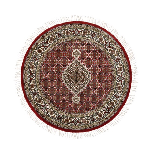 Red Hand Knotted Round Wool And Silk Tabriz Mahi Fish Medallion Design Oriental Rug