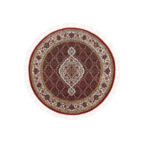 Red Wool Fish Medallion Design Tabriz Mahi Hand Knotted Round Oriental Rug