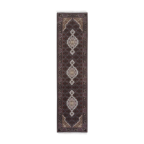 Black Tabriz Mahi Fish Medallion Design Wool And Silk Hand Knotted Oriental Runner Rug