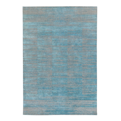 Blue Jacquard Hand Loomed Modern Organic Wool And Art Silk Oriental Rug