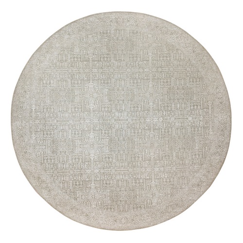 Beige Hand Loomed Fine Jacquard with Erased Design Wool and Plant Based Silk Oriental Round Rug