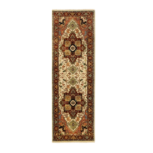 Ivory Denser Weave Antiqued Heriz Re-Creation Natural Wool Hand Knotted Oriental Runner Rug Ivory Denser Weave Antiqued Heriz Re-Creation Natural Wool Hand Knotted Oriental Runner Rug