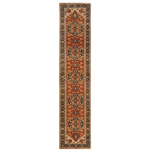 Organic Wool Red Antiqued Heriz Re-Creation Hand Knotted Oriental Runner 