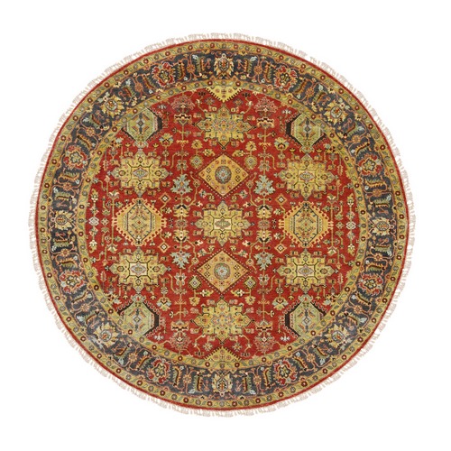 Round Red Karajeh Design Pure Wool Hand Knotted Oriental 