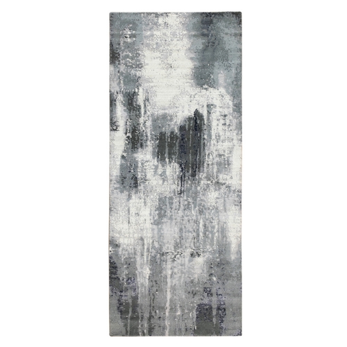 Gray with Charcoal Black Hand Knotted Abstract Design Wool and Silk Oriental Runner 