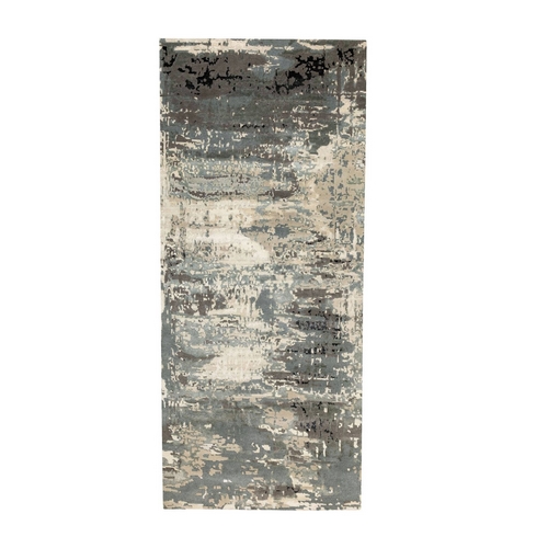 Gray Abstract Design Wool and Silk Hi-Low Pile Hand Knotted Oriental Wide Runner 