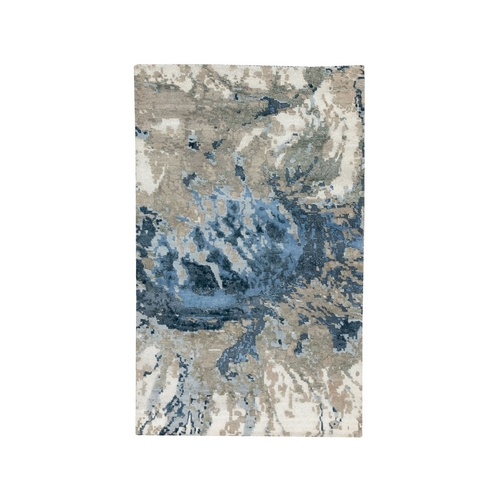 Blue-Ivory Abstract Design Wool and Silk Hi-low Pile Hand Knotted Oriental Rug