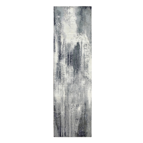 Charcoal Black Abstract Design Wool and Silk Hand Knotted Runner Oriental 