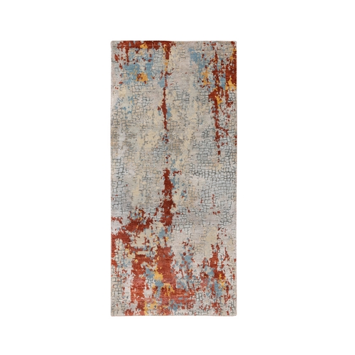Wool And Silk Abstract With Fire Mosaic Design Hand Knotted Oriental Runner Rug