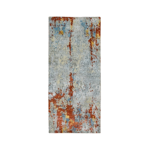 Wool and Silk Abstract with Fire Mosaic Design Hand Knotted Runner Oriental Rug Wool and Silk Abstract with Fire Mosaic Design Hand Knotted Runner Oriental Rug