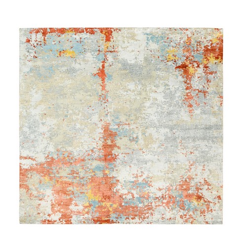 Wool and Silk Abstract with Fire Mosaic Design Hand Knotted Square Oriental Rug