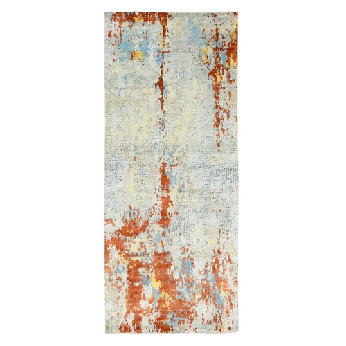 Wool and Silk Abstract with Fire Mosaic Design Hand Knotted Runner Oriental Rug