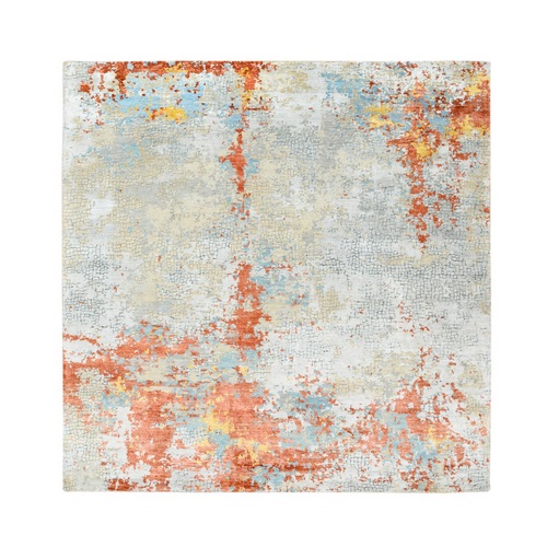 Wool Abstract with Fire Mosaic Design Hand Knotted Oriental Square Rug