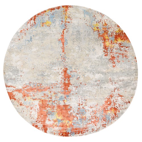 Wool Abstract with Fire Mosaic Design Hand Knotted Oriental Round Rug