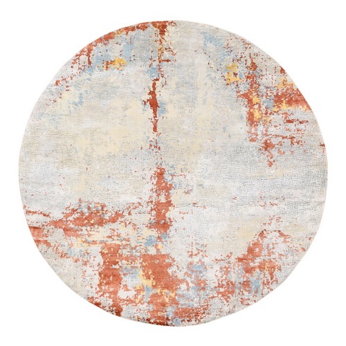 Wool Abstract with Fire Mosaic Design Hand Knotted Oriental Round Rug