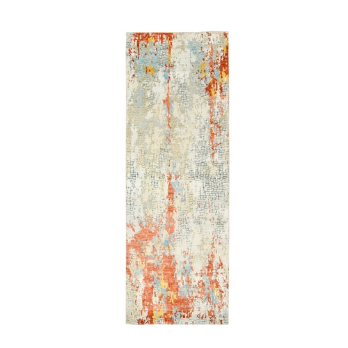 Gray And Rust Wool and Silk Abstract with Fire Mosaic Design Hand Knotted Oriental Runner Rug