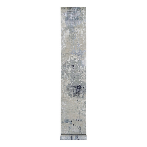 Gray Wool and Silk Modern Abstract Design Hand Knotted XL Runner Oriental 