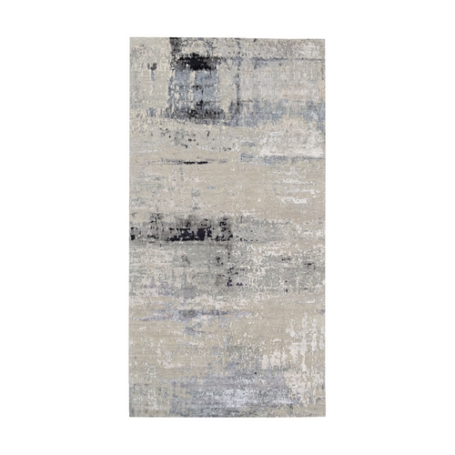 Abstract Design Silver Gallery Size Runner Hand Knotted Hi-Low Pile Wool and Silk Oriental 