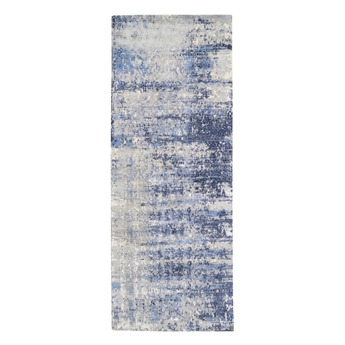 Blue Abstract With Mosaic Design Wool And Silk Hand Knotted Oriental Runner Rug