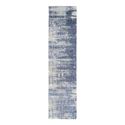 Blue Abstract With Mosaic Design Wool And Silk Hand Knotted Oriental Runner 