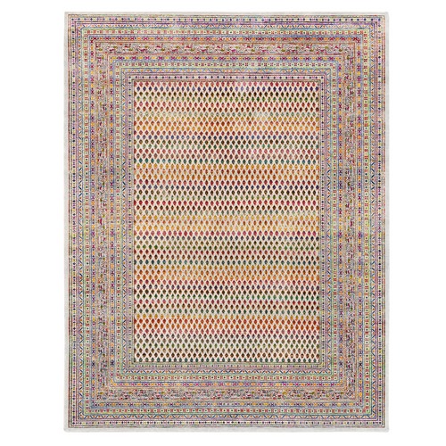 Colorful Wool And Sari Silk Sarouk Mir Inspired With Repetitive Boteh Design Hand Knotted Oriental Rug