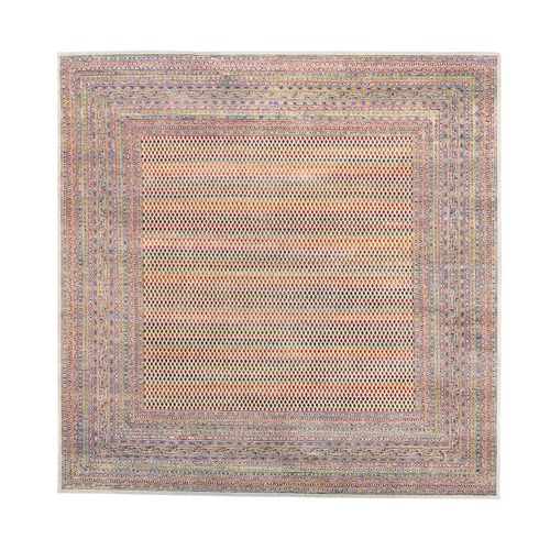 Colorful Wool And Sari Silk Sarouk Mir Inspired With Multiple Borders Hand Knotted Oriental Square Rug