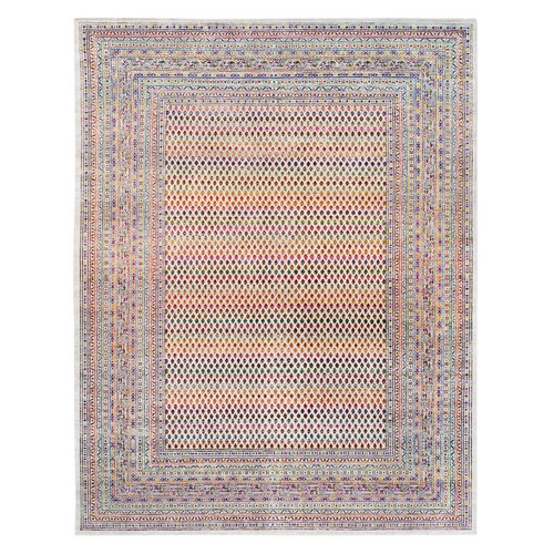 Wool And Sari Silk Colorful Sarouk Mir Inspired with Repetitive Boteh Design Hand Knotted Oriental Rug