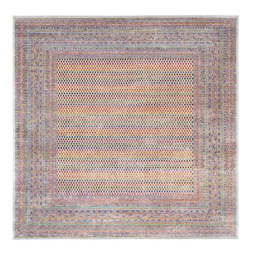 Colorful Wool And Sari Silk Sarouk Mir Inspired With Repetitive Boteh Design Hand Knotted Oriental Square Rug