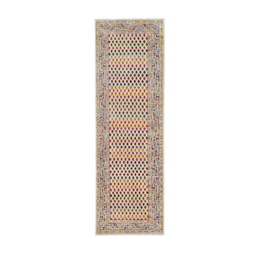 Colorful Wool And Sari Silk Sarouk Mir Inspired With Small Boteh Design Hand Knotted Oriental Runner Rug