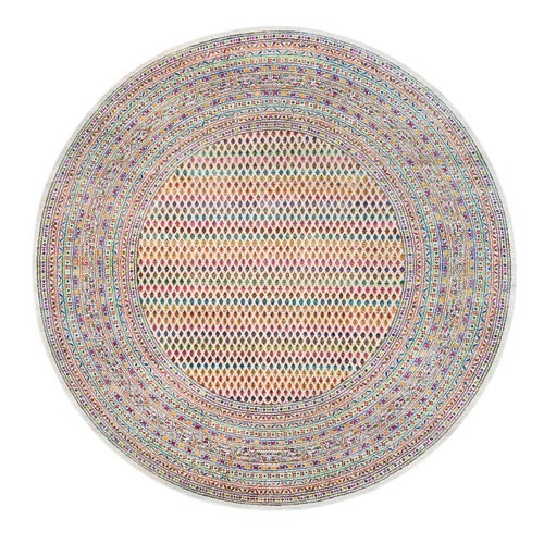 Colorful Wool And Sari Silk Sarouk Mir Inspired With Repetitive Boteh Design Hand Knotted Oriental Round Rug