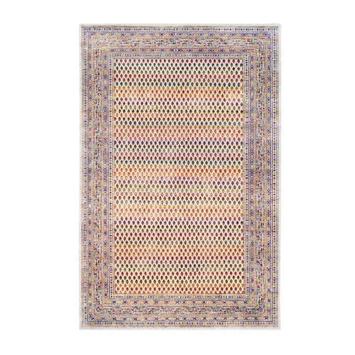 Colorful Wool And Sari Silk Sarouk Mir Inspired With Repetitive Boteh Design Hand Knotted Oriental Rug