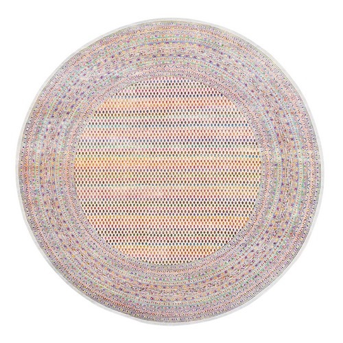Round Colorful Wool And Sari Silk Sarouk Mir Inspired With Multiple Borders Hand Knotted Oriental Rug
