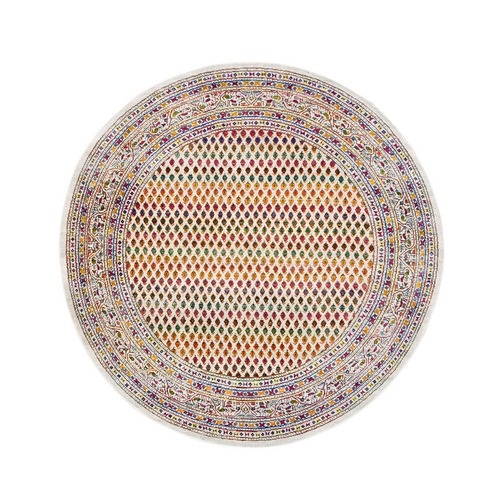 Colorful Wool And Sari Silk Sarouk Mir Inspired With Multiple Borders Hand Knotted Round Oriental Rug