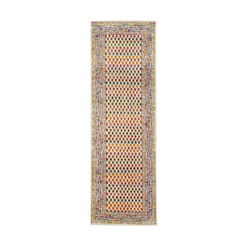 Colorful Wool And Sari Silk Sarouk Mir Inspired With Repetitive Boteh Design Hand Knotted Oriental Runner Rug