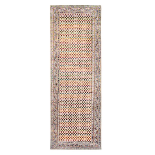 Colorful Wool And Sari Silk Sarouk Mir Inspired With Small Repetitive Pattern Hand Knotted Oriental Wide Runner 