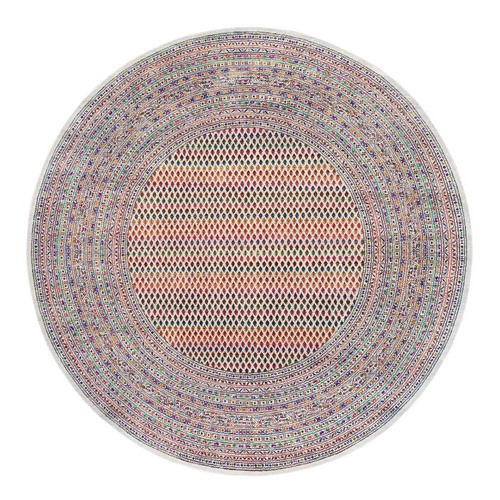 Round Colorful Wool And Sari Silk Sarouk Mir Inspired With Small Boteh Design Hand Knotted Oriental Rug