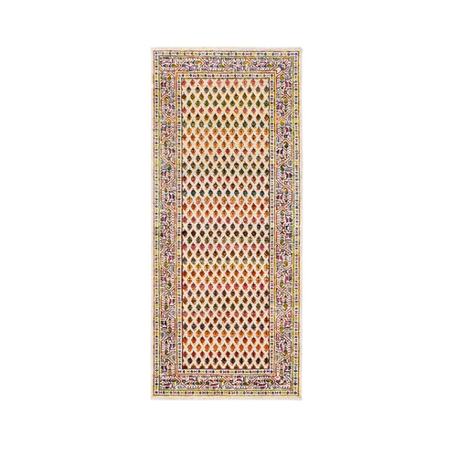 Colorful Wool And Sari Silk Sarouk Mir Inspired With Multiple Borders Hand Knotted Oriental Runner Rug