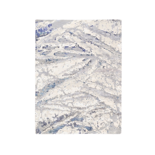 Ivory with a Mix of Blue and Gray Wool and Silk Hand Knotted Abstract Design Modern Oriental 